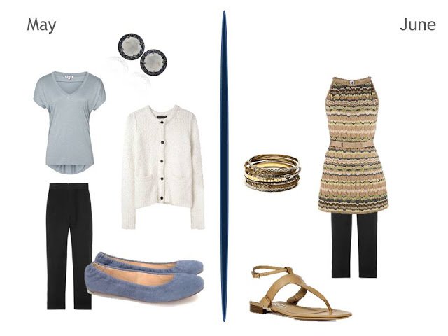 two warm weather outfits including black pants, one with white, and one with gold accents