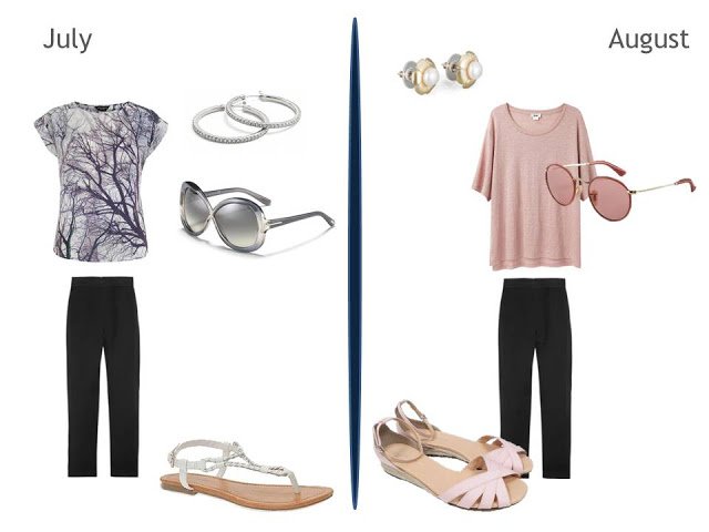 two warm weather outfits including black pants, one with a tee shirt, one with a tunic