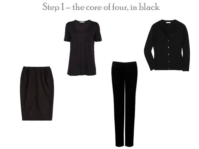 My project 333 starting point: A Core of Four in black - skirt, pants, tee and cardigan