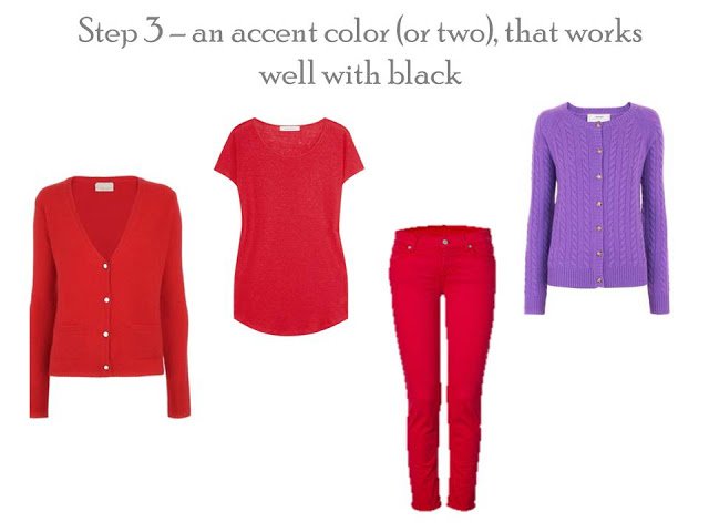 Accent color additions to a Project 333 wardrobe - red cardigan, tee and jeans, purple cardigan