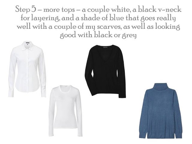 Four tops to add to a Project 333 wardrobe, white shirt, white tee shirt, black sweater and blue turtleneck