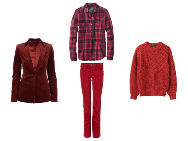 Four pieces of red clothing, to use as accents in A Common Wardrobe