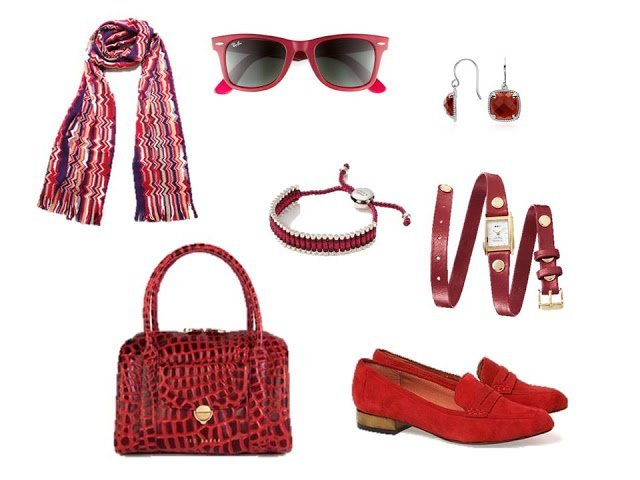 red accessories - scarf, sunglasses, jewelry, bag and shoes - to use as accents for A Common Wardrobe