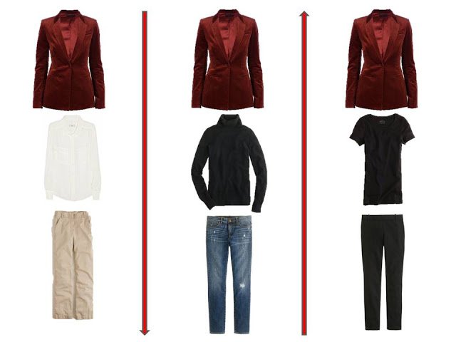 3 outfits from A Common Wardrobe, accented with a red jacket