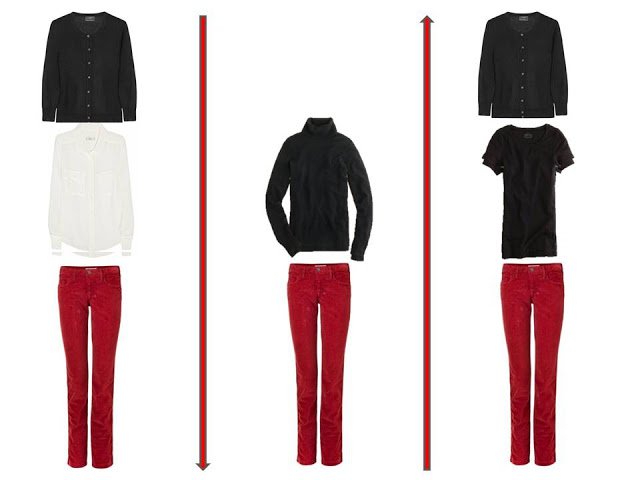 3 outfits from A Common Wardrobe, accented with red