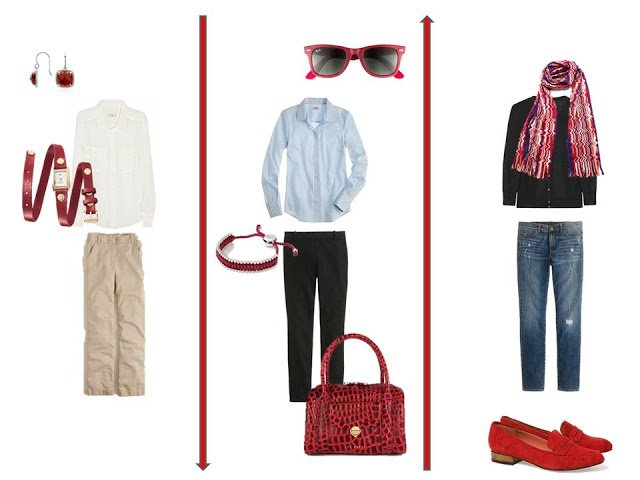 3 outfits from A Common Wardrobe, accented with red