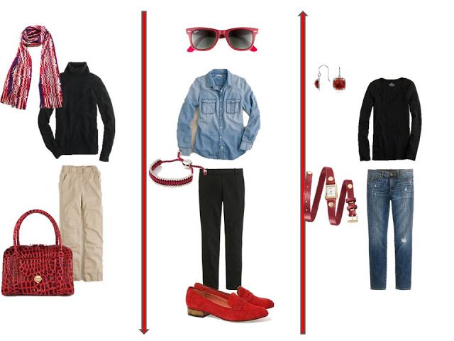3 outfits from A Common Wardrobe, accented with red