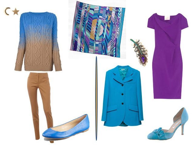 two outfits using Hermes Astrologie Nouvelle in turquoise blue and purple