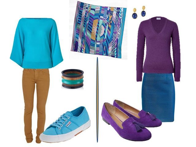 two outfits using Hermes Astrologie Nouvelle in turquoise blue and purple