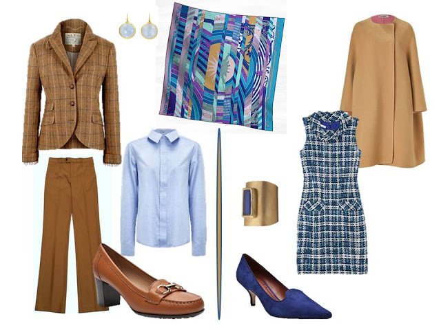 two outfits using Hermes Astrologie Nouvelle in turquoise blue and purple