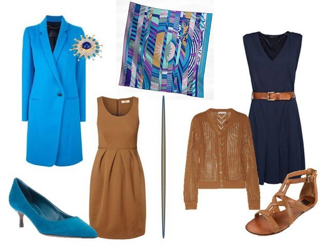 two outfits using Hermes Astrologie Nouvelle in turquoise blue and purple