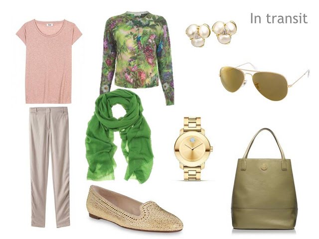travel outfit of green floral cardigan, rose tee, beige pants and shoes, green scarf