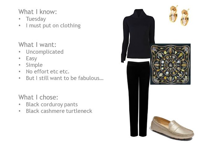 black sweater and pants, Hermes sweater, gold loafers