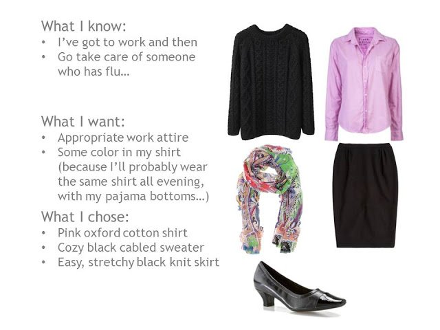 cabled black sweater, pink oxford shirt, black skirt