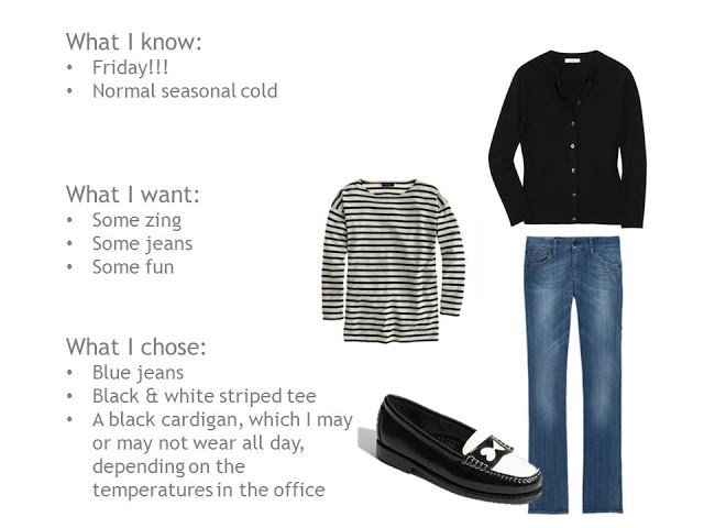 black and white striped tee,black cardigan, blue jeans, black and white loafers