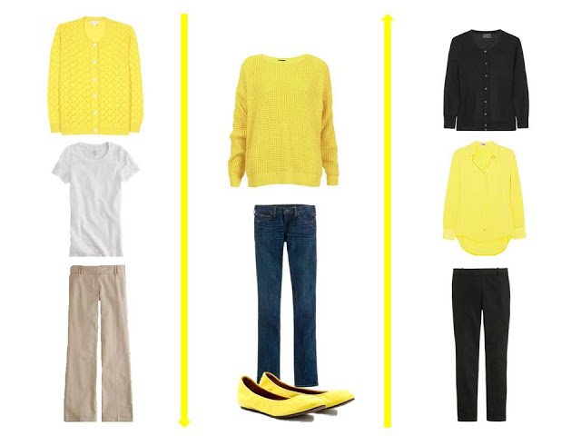 lemon yellow as a wardrobe accent color in 3 outfits