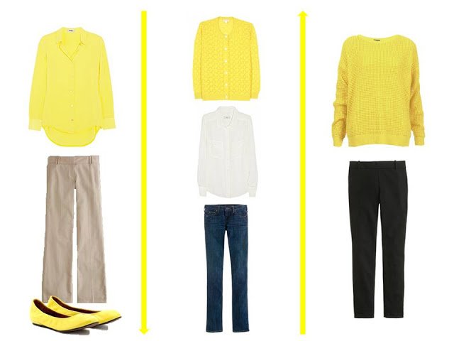 3 outfits using lemon yellow as an accent color