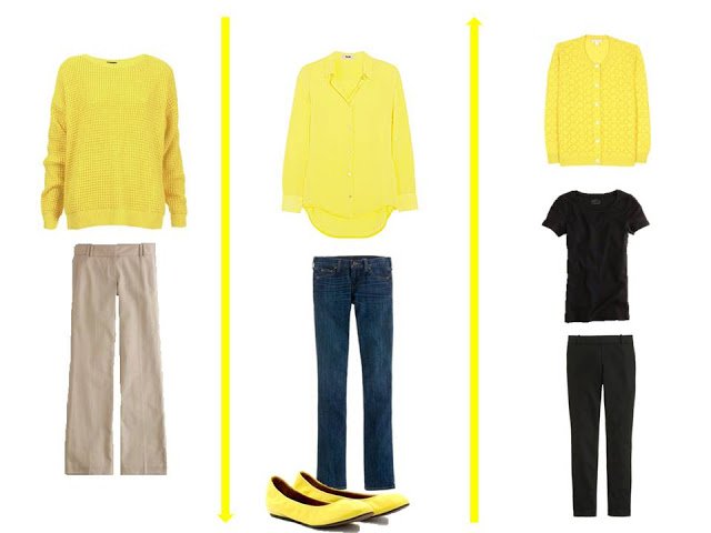 3 outfits using lemon yellow as an accent color