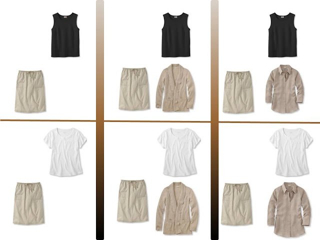 Six outfits with a khaki skirt and 