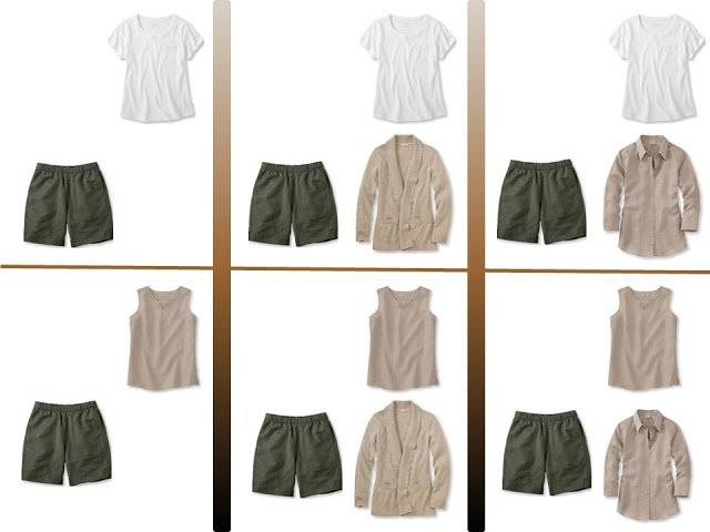 Six outfits with olive shorts and 