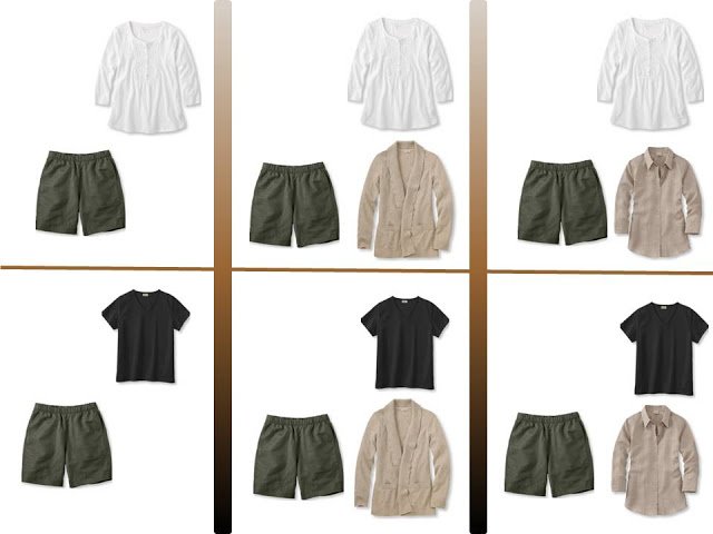 six outfits with olive shorts and 