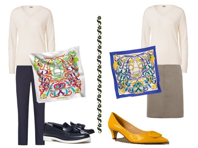 white v-neck sweater with trousers and an Hermes scarf, or a skirt and an Hermes scarf