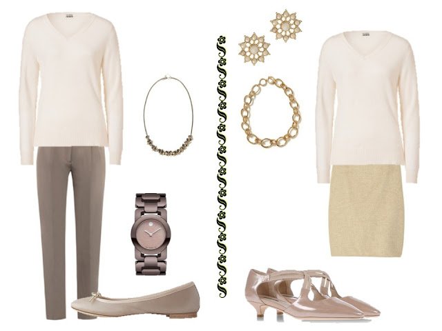 a white v-neck sweater with warm-toned neutral trousers, or with a warm-toned neutral skirt