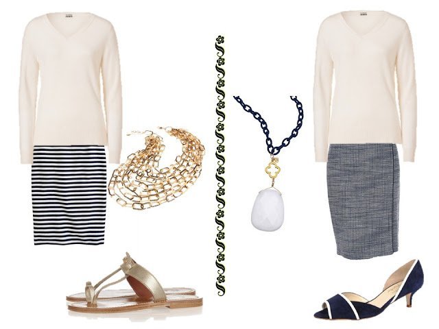 a white v-neck sweater with a striped skirt and gold accessories, or with a navy tweed skirt and coordinated accessories