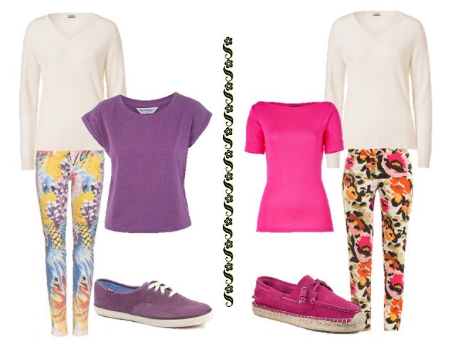 a white v-neck sweater with brightly printed trousers, bright tee shirts, and fun shoes