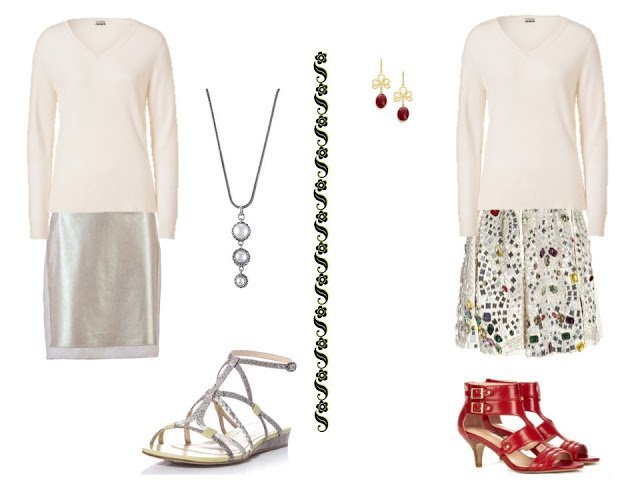 a white v-neck sweater with dressy skirts and dressy sandals