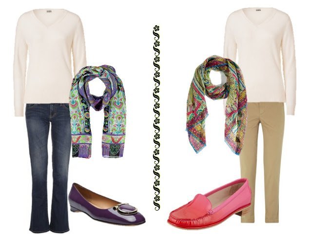 wearing a white v-neck sweater with jeans or khakis, a great scarf, and flat shoes