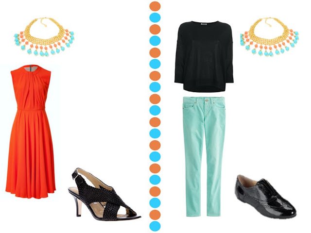 coral red dress and black top with turquoise pants with turquoise and coral necklace