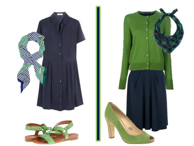 navy and green outfits with a dress or a skirt
