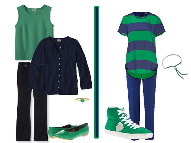 navy outfit with green accessories, and a navy and green striped shirt green tennies green ballet flats