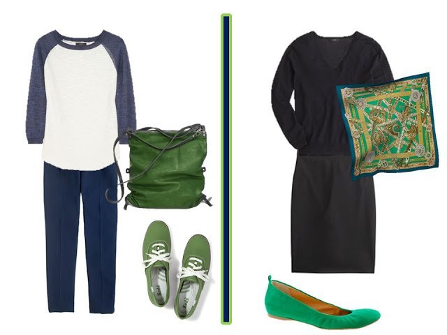 navy and white outfit with green accessories