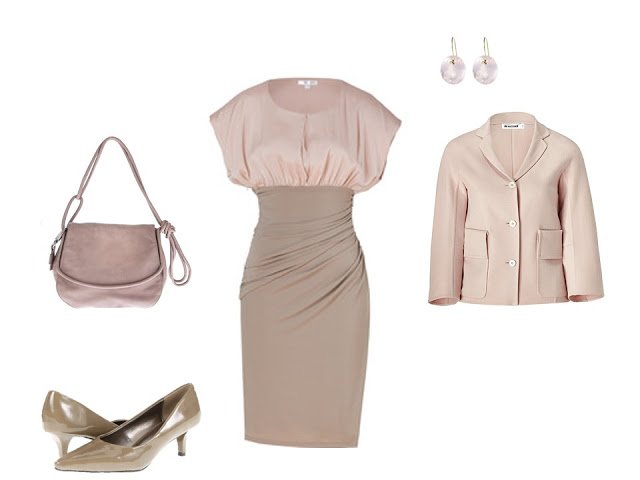 peach and taupe dress with jacket and dressy accessories