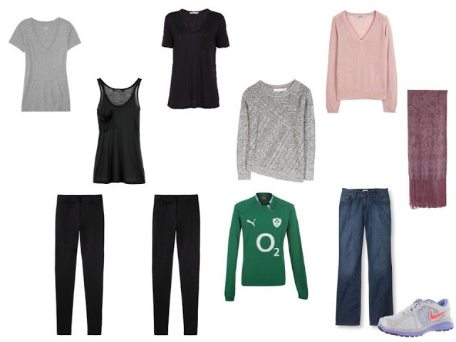 black, grey and pink capsule travel wardrobe with an Irish rugby jersey