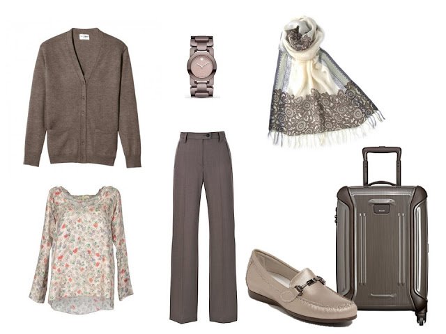 taupe travel outfit cardigan and pants with a floral blouse