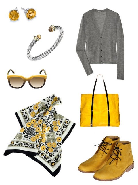 grey and yellow accessories with a grey cardigan and yellow boots