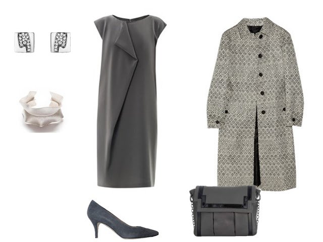 grey column dress with a gorgeous coat and silver dressy accessories