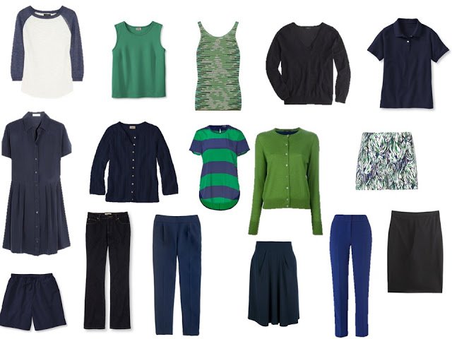 navy and green travel or capsule wardrobe