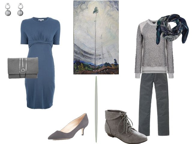 slate blue dress and grey sweater and pants