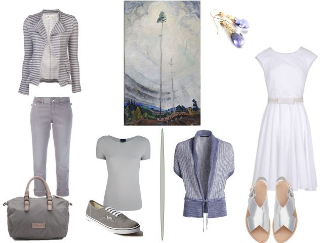 two outfits in grey white and soft blue based on Scorned as Timber, Beloved of the Sky by Emily Carr