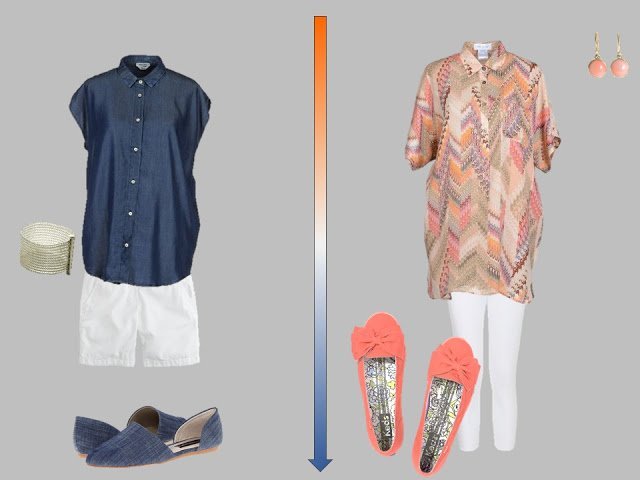 white shorts with dark blue shirt, and white pants with orange printed tunic