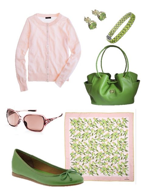 pink and mint green accessory family with a pink cardigan and green ballet flats