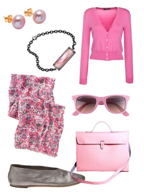 pink accessory family with pink cardigan and silver flats, and pink jewelry