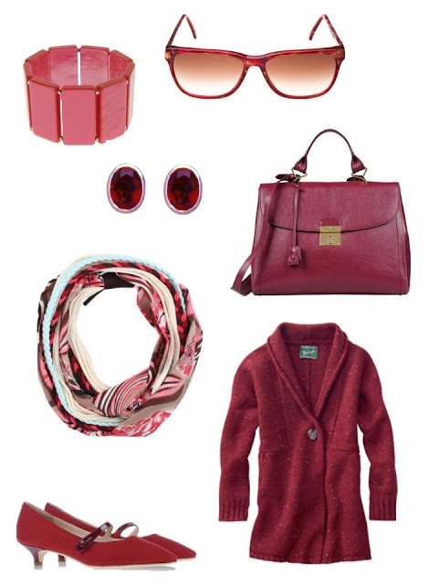 deep ruby red accessory family with cardigan, pumps, scarf, bag and jewelry