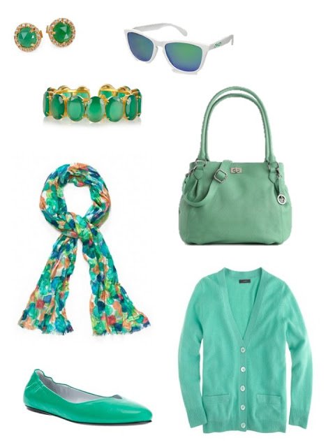 green accessory family with cardigan, flats, scarf, bag and jewelry