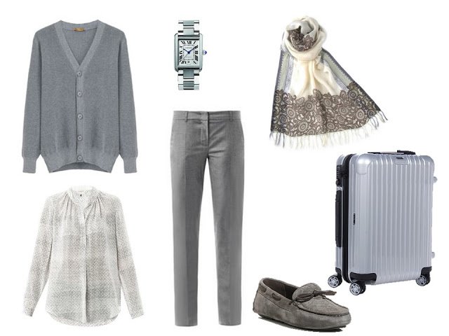 grey cardigan and pants travel outfit with grey print blouse