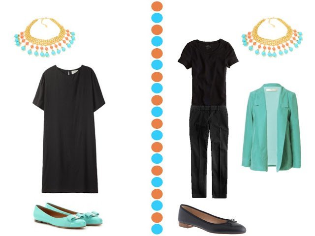 black dress and black outfit with turquoise and coral necklace